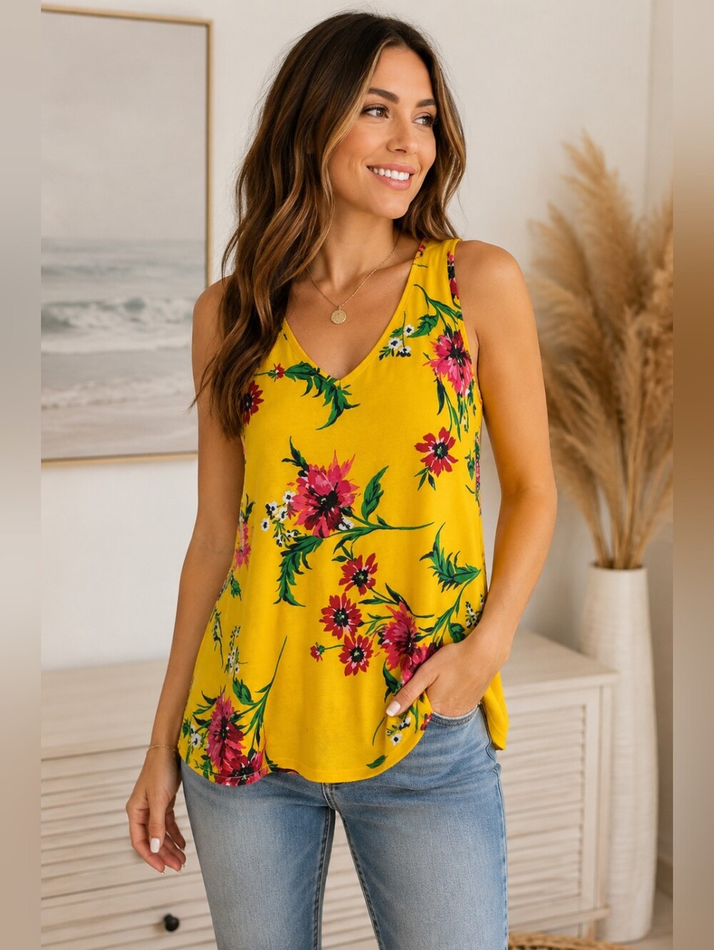 Express Yellow Floral Sleeveless Blouse | Bright Summer Tank Top